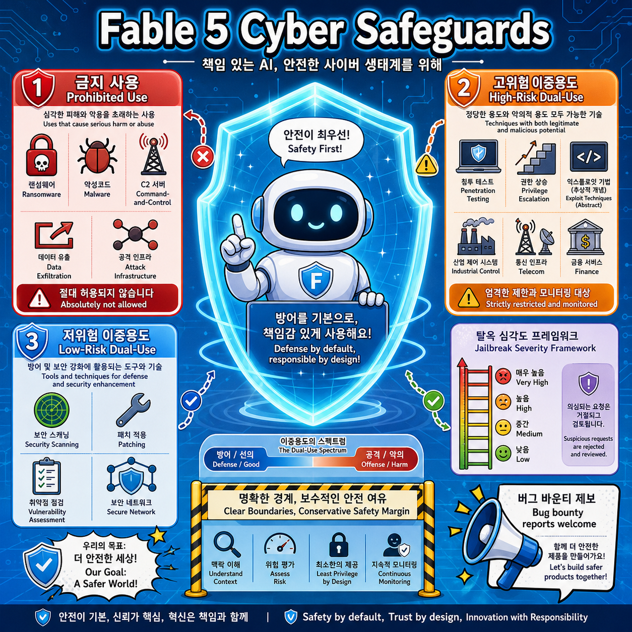 More details on Fable 5’s cyber safeguards and our jailbreak framework 내용을 설명하는 본문 이미지