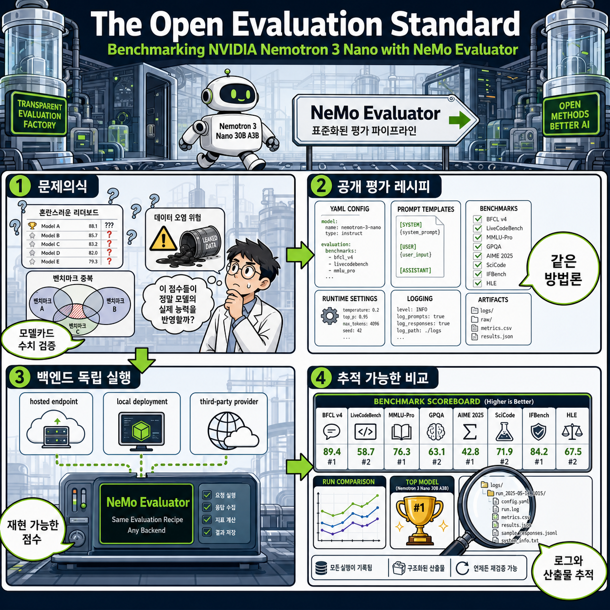The Open Evaluation Standard: Benchmarking NVIDIA Nemotron 3 Nano with NeMo Evaluator 내용을 설명하는 본문 이미지