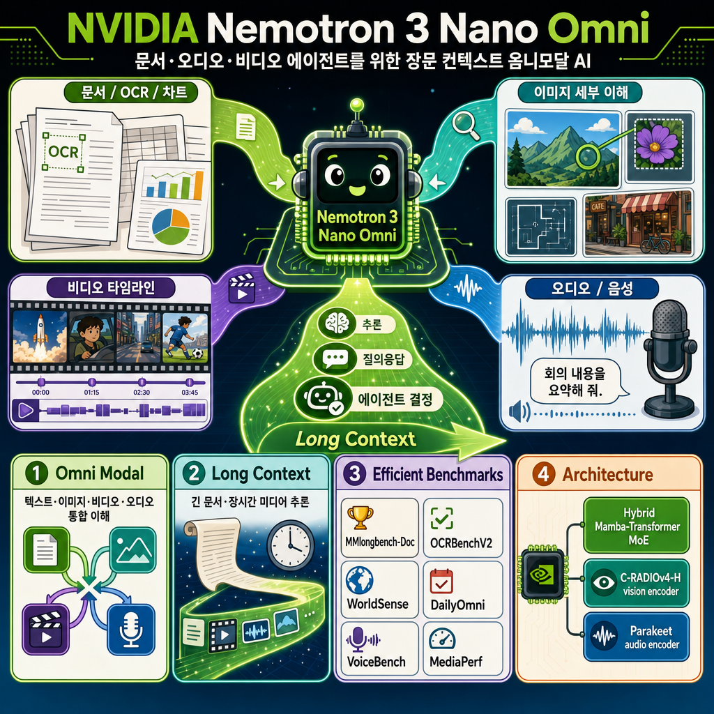 Introducing NVIDIA Nemotron 3 Nano Omni: Long-Context Multimodal Intelligence for Documents, Audio and Video Agents 내용을 설명하는 본문 이미지