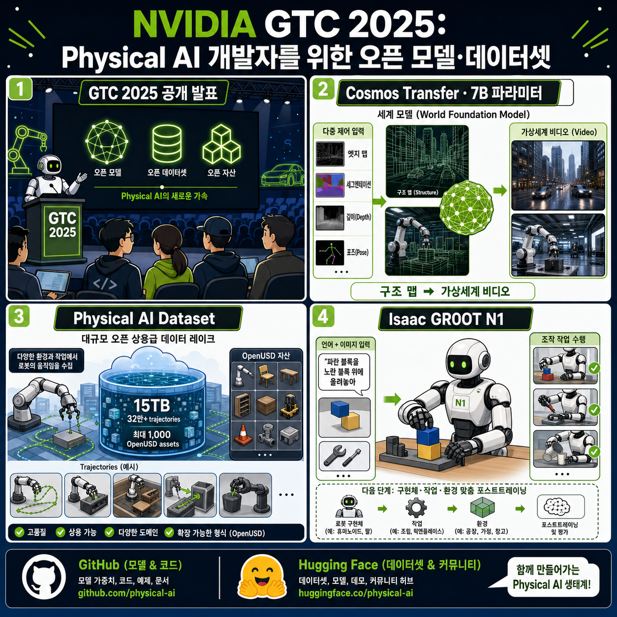 NVIDIA's GTC 2025 Announcement for Physical AI Developers: New Open Models and Datasets 내용을 설명하는 본문 이미지