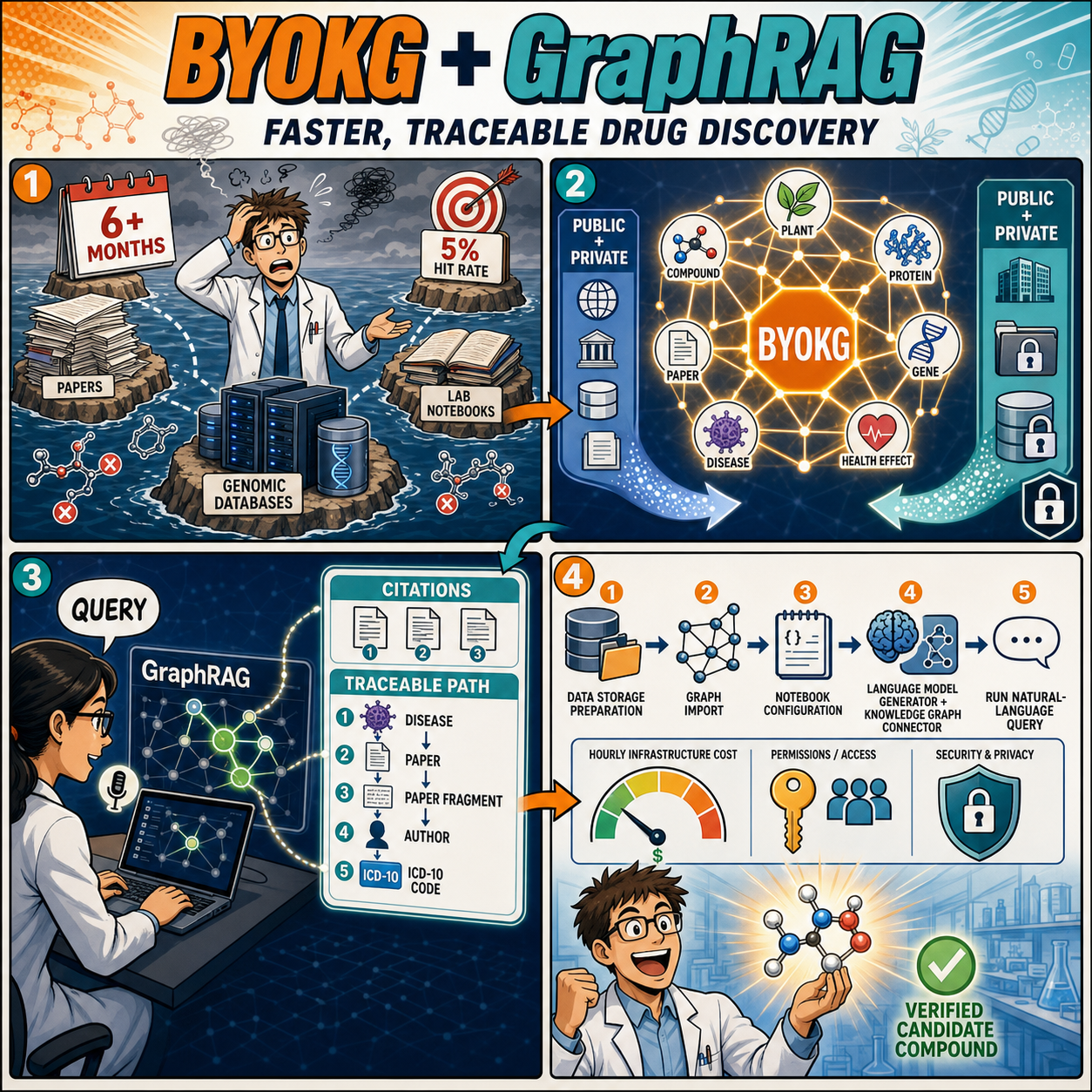 Powering scientific discovery: BYOKG and GraphRAG for intelligent pharmaceutical research 내용을 설명하는 본문 이미지