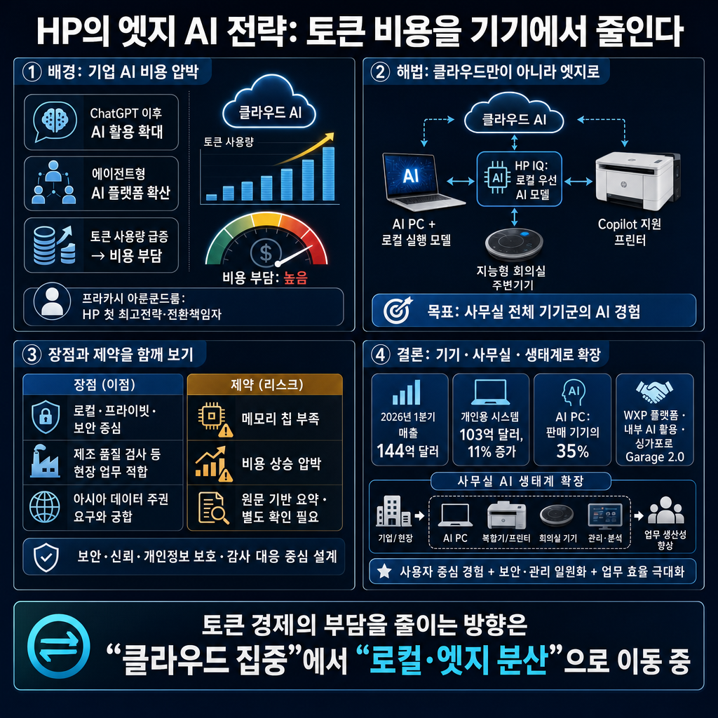 Prakash Arunkundrum, HP’s first-ever chief strategy and transformation officer, bets edge AI will 'bring the token cost down' 내용을 설명하는 본문 이미지