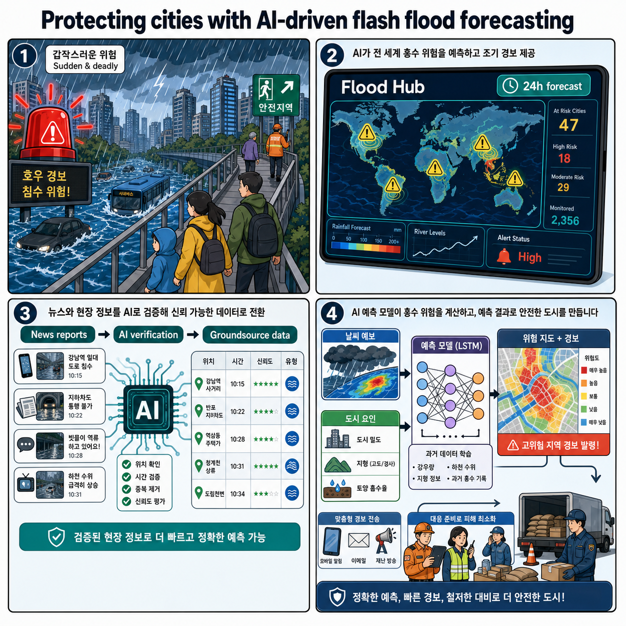 Protecting cities with AI-driven flash flood forecasting 내용을 설명하는 본문 이미지