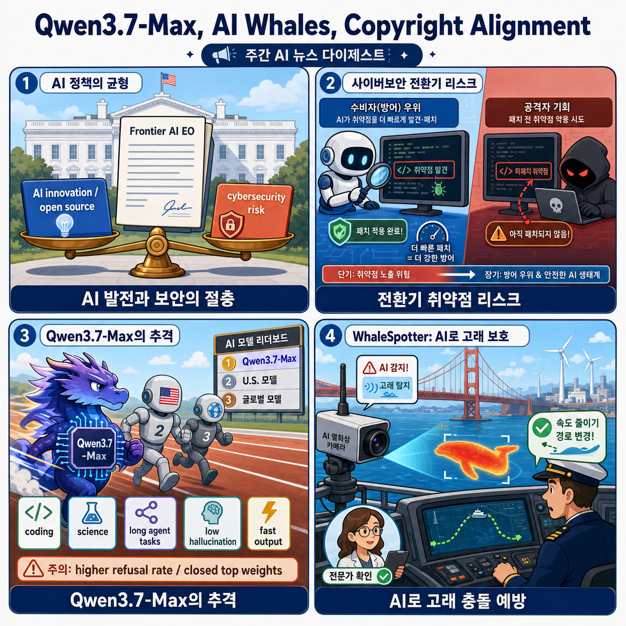 Qwen3.7-Max Challenges Google for Third Place, AI Saves Whales, Fine-Tuning Breaks Copyright Alignment 내용을 설명하는 본문 이미지