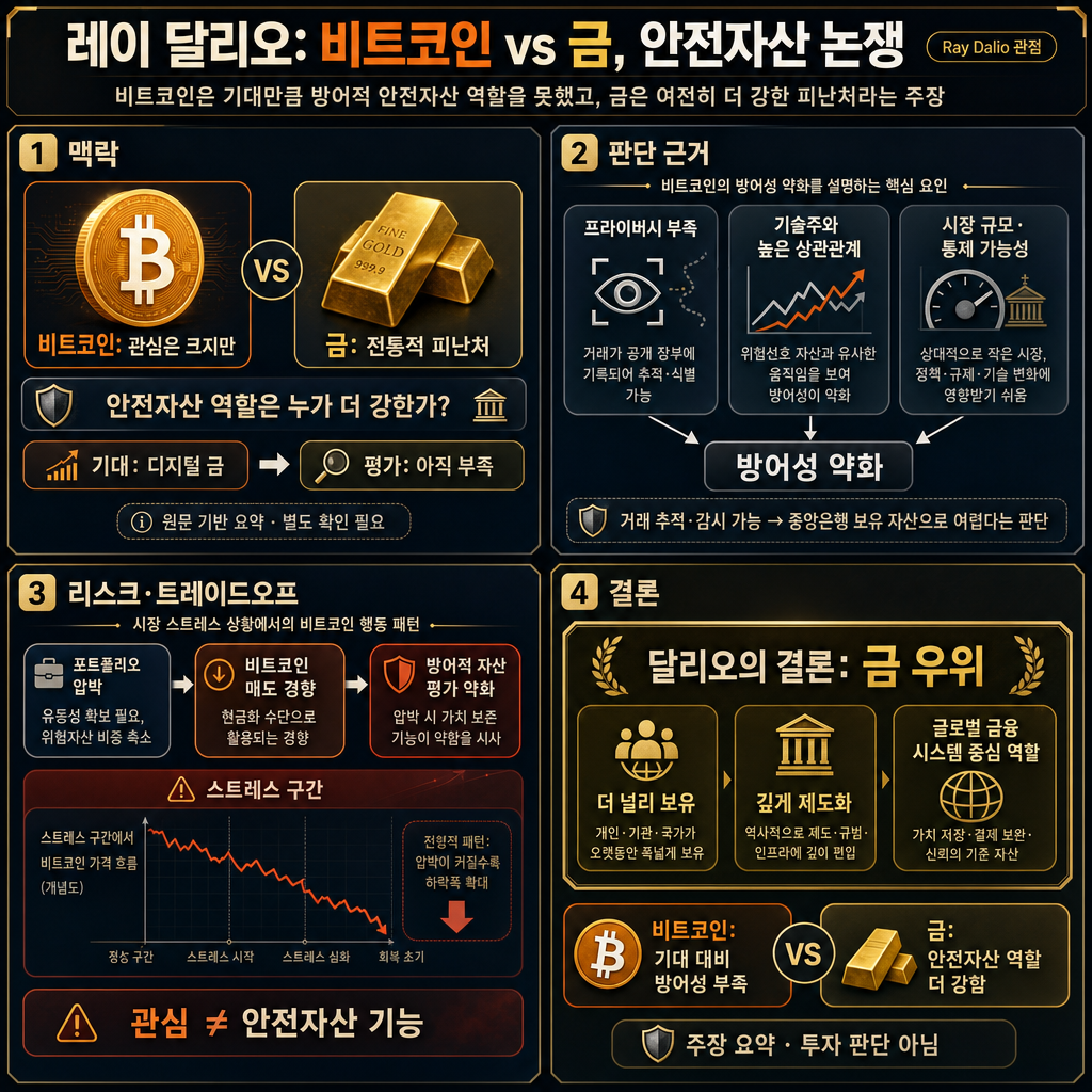Ray Dalio on Bitcoin and Gold as Safe Havens 내용을 설명하는 본문 이미지