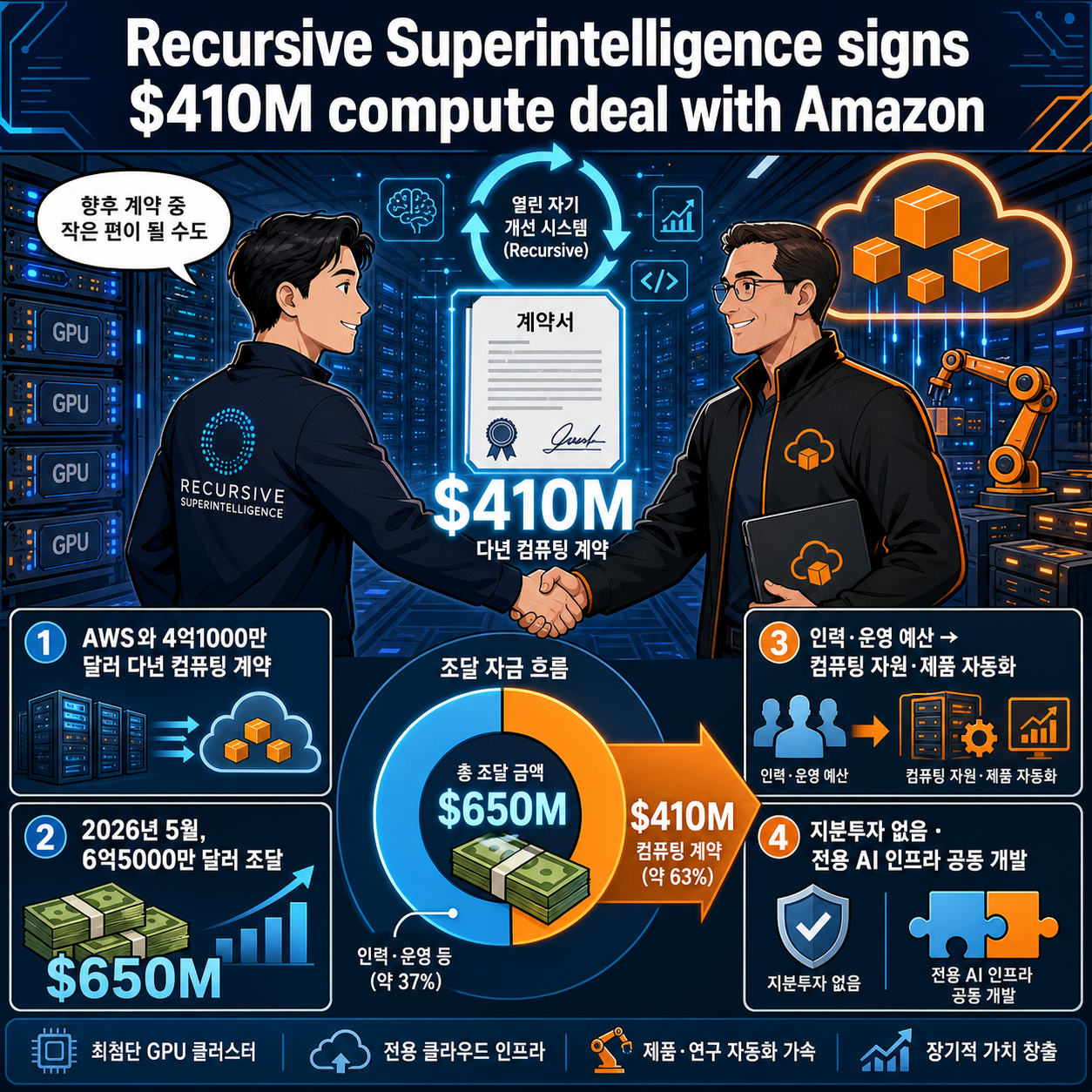 Recursive Superintelligence signs $410M compute deal with Amazon 내용을 설명하는 본문 이미지