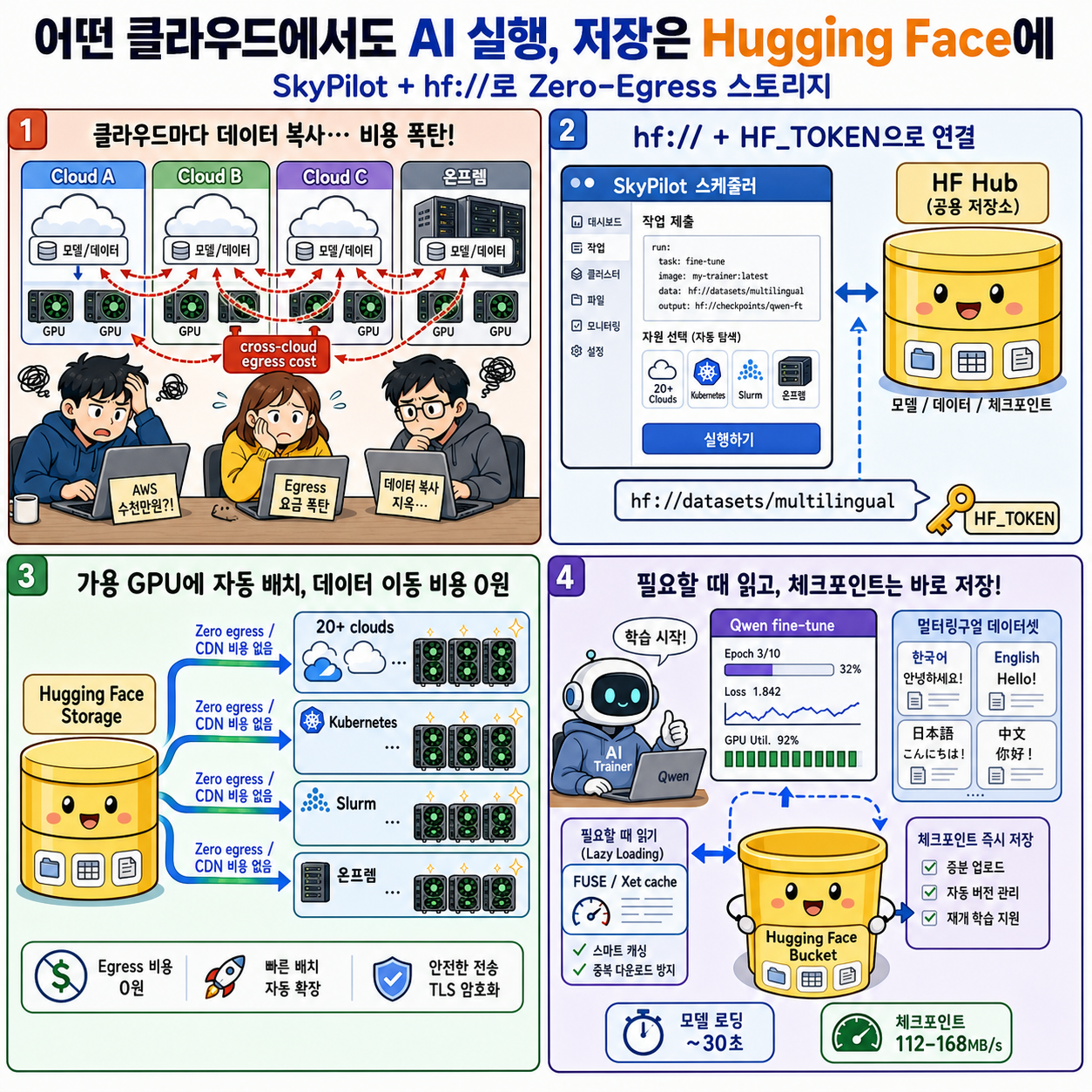 Run AI workloads on any cloud, store on Hugging Face: zero-egress storage with SkyPilot 내용을 설명하는 본문 이미지
