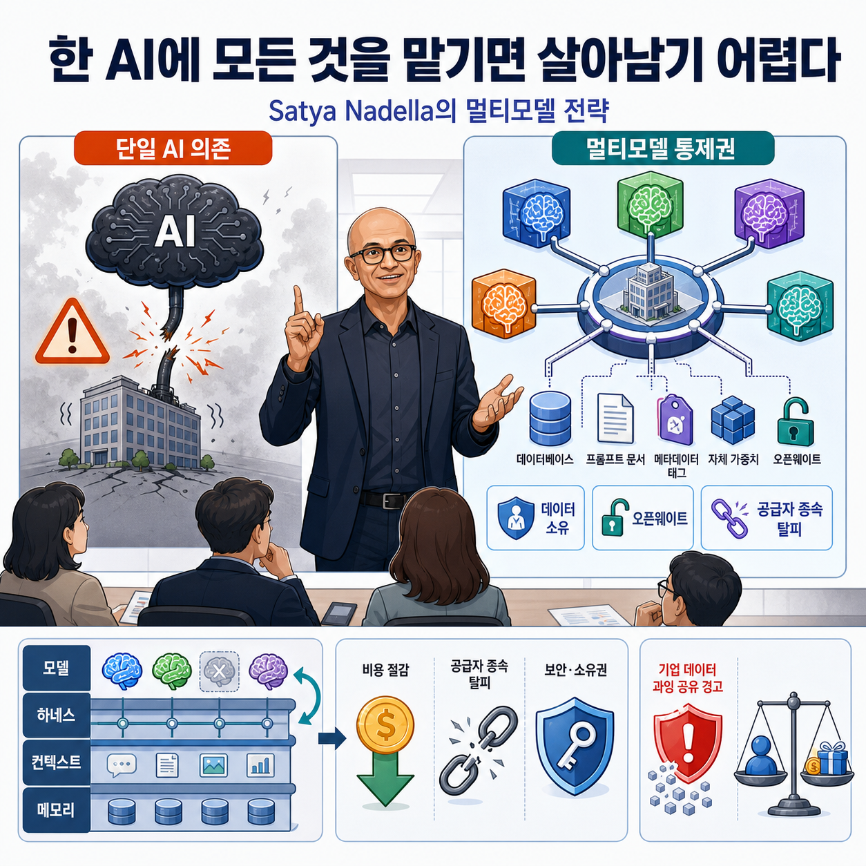 Satya Nadella says companies that trust one AI for everything may not survive 내용을 설명하는 본문 이미지