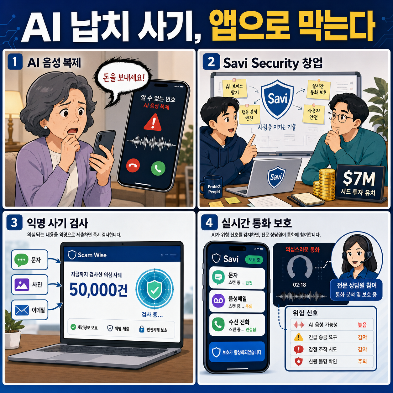 Savi's app aims to protect consumers from realistic AI scams like kidnappers demanding ransom 내용을 설명하는 본문 이미지