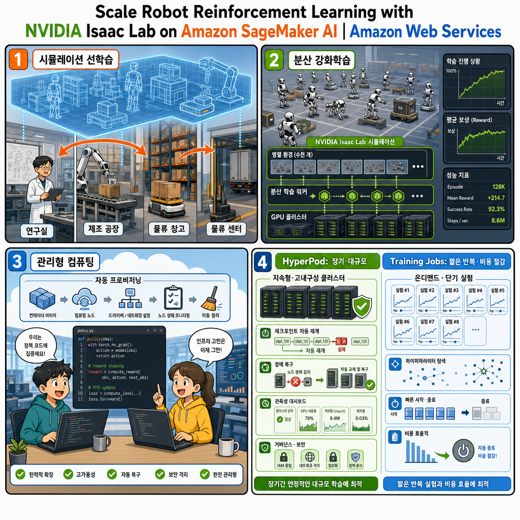 Scale Robot Reinforcement Learning with NVIDIA Isaac Lab on Amazon SageMaker AI 내용을 설명하는 본문 이미지