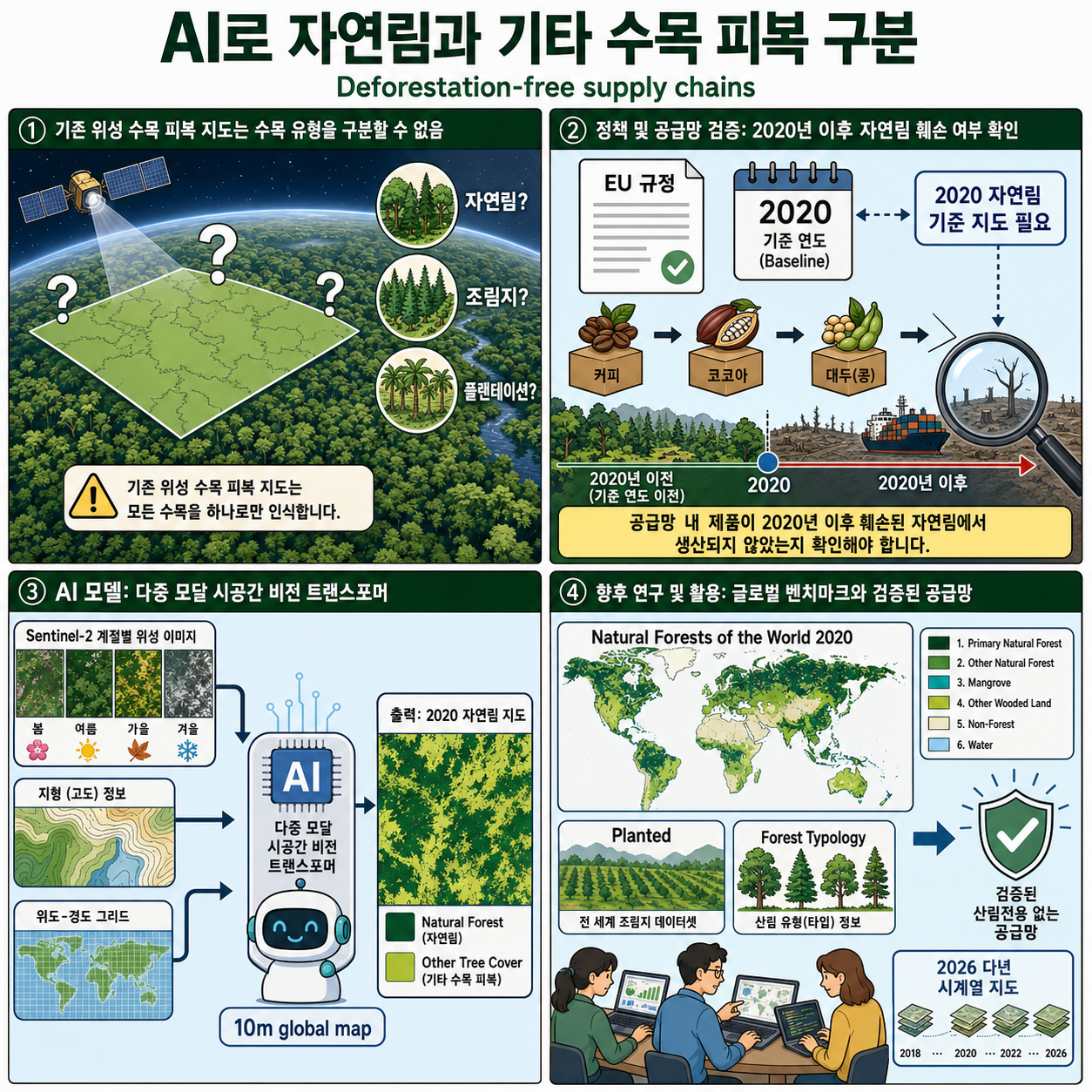 Separating natural forests from other tree cover with AI for deforestation-free supply chains 내용을 설명하는 본문 이미지