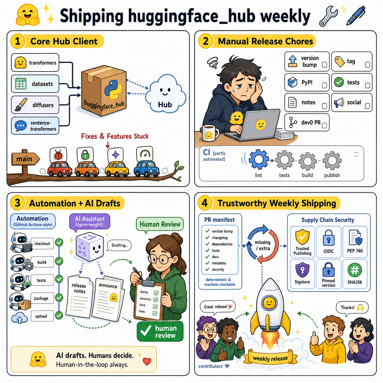 Shipping huggingface_hub every week with AI, open tools, and a human in the loop 내용을 설명하는 본문 이미지