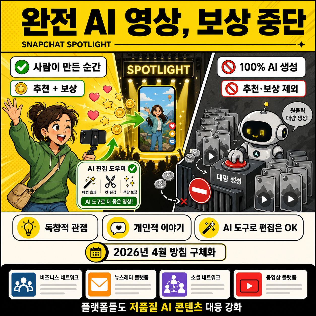 Snapchat no longer rewards fully AI-generated Spotlight content 내용을 설명하는 본문 이미지