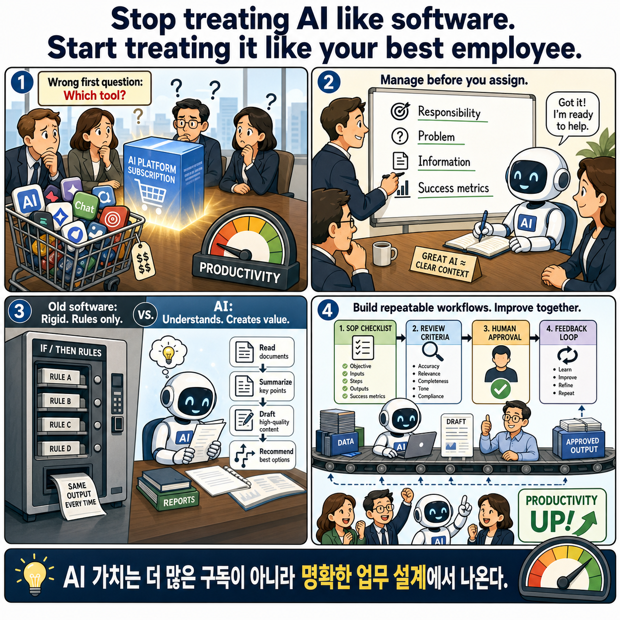 Stop treating AI like software. Start treating it like your best employee. 내용을 설명하는 본문 이미지