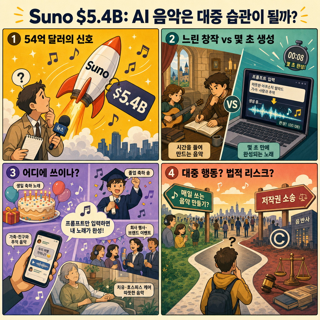 Suno is now worth $5.4 billion. But is AI music really becoming a mass-market behavior? 내용을 설명하는 본문 이미지