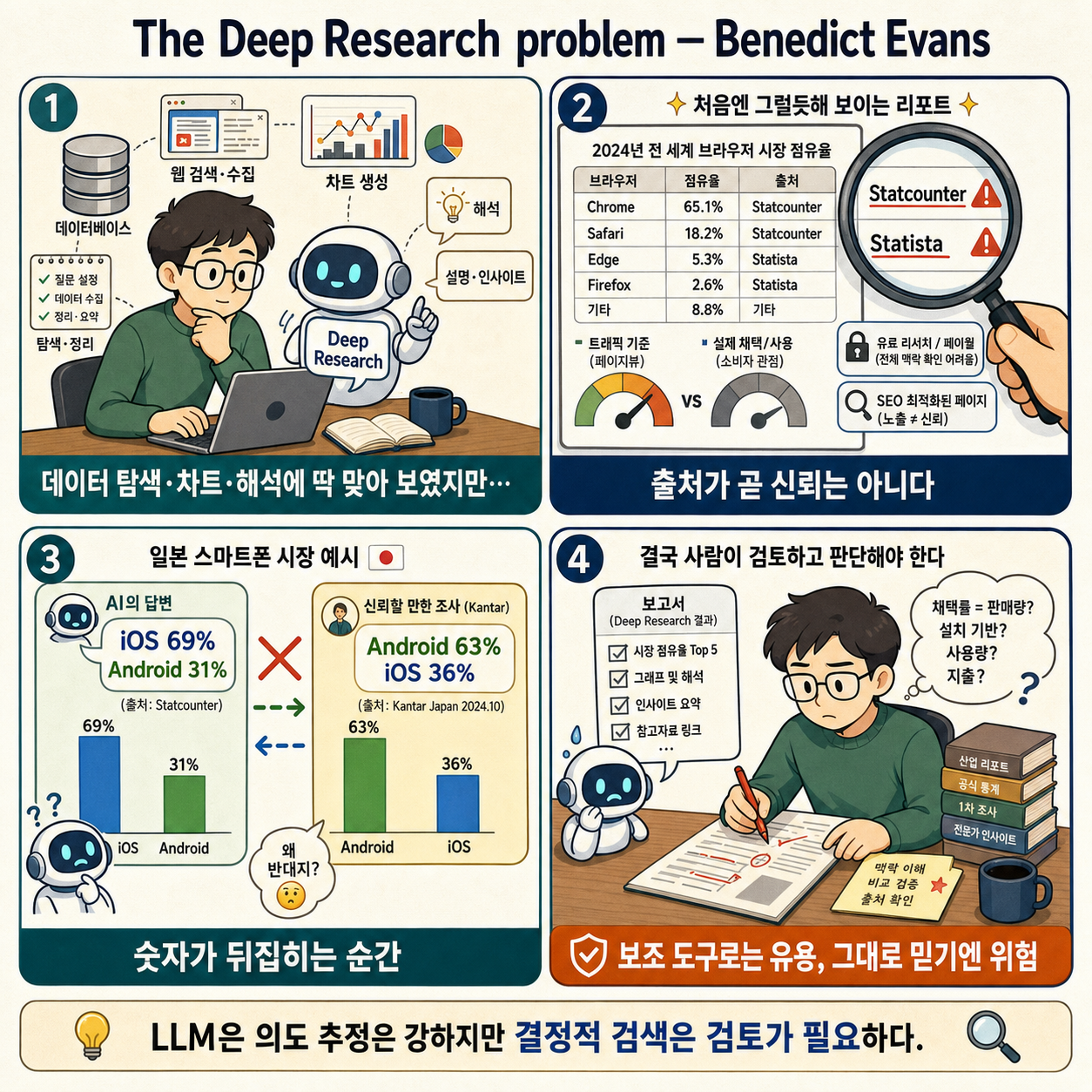The Deep Research problem — Benedict Evans 내용을 설명하는 본문 이미지