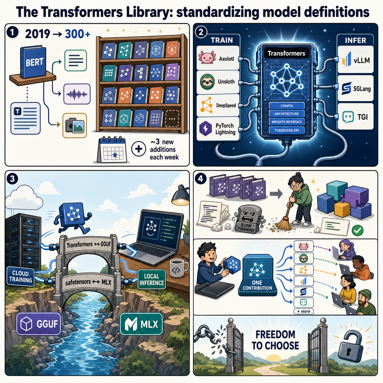 The Transformers Library: standardizing model definitions 내용을 설명하는 본문 이미지