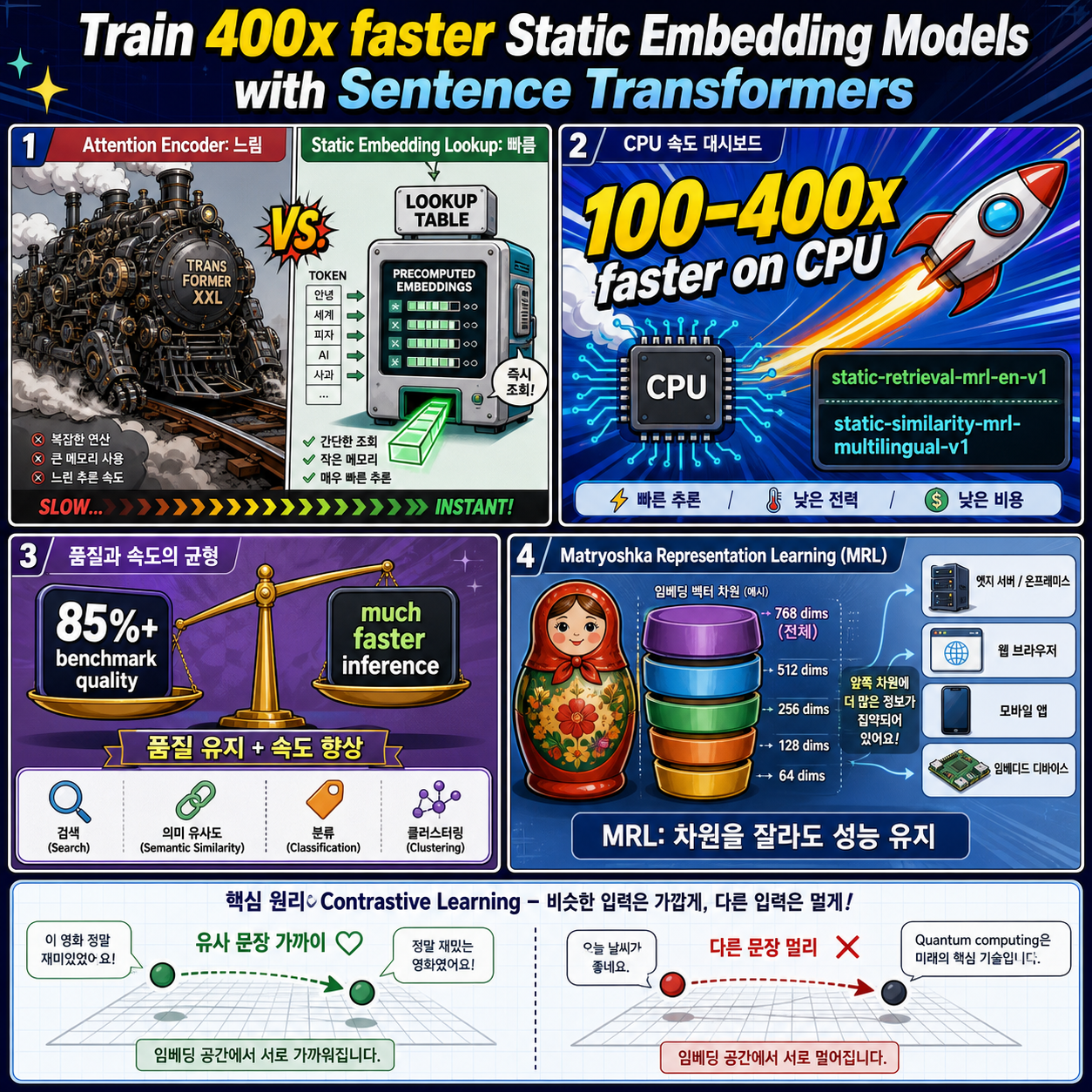 Train 400x faster Static Embedding Models with Sentence Transformers 내용을 설명하는 본문 이미지