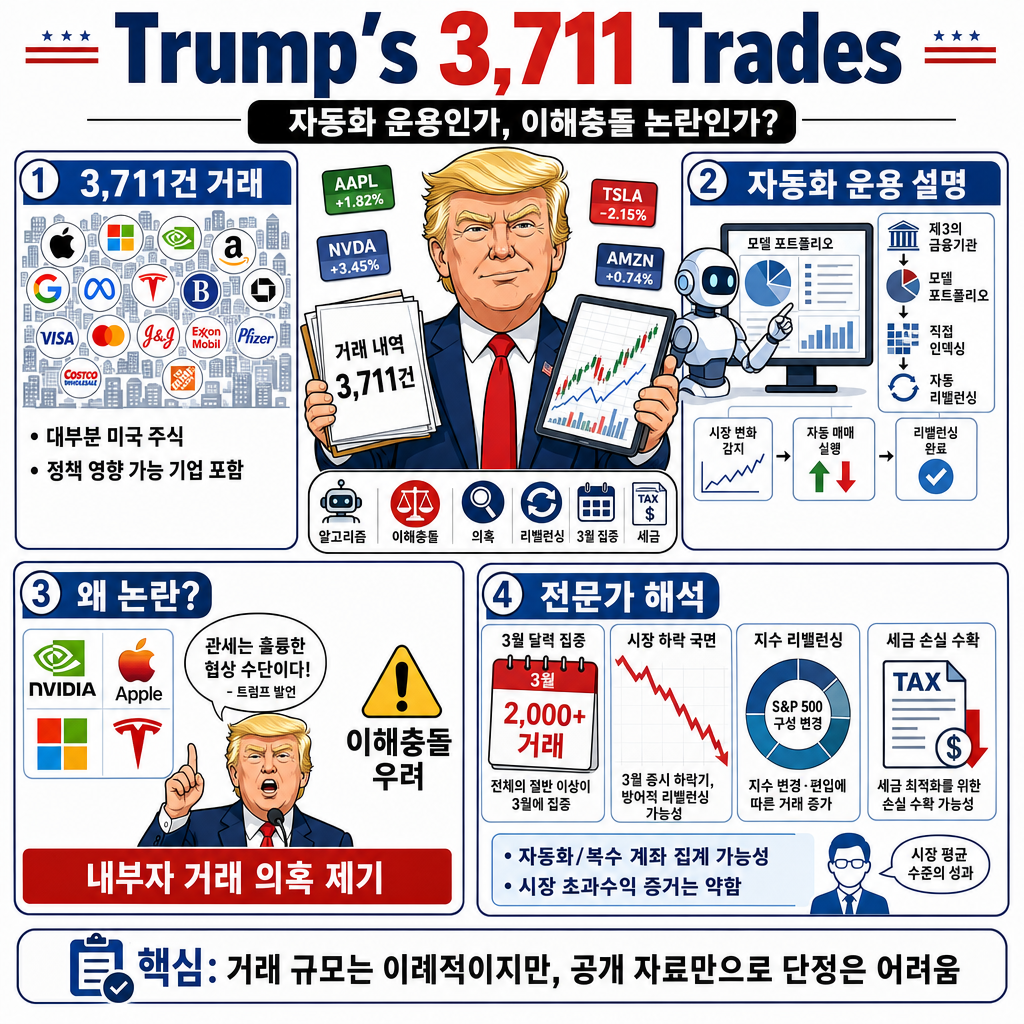 Trump’s 3,711 trades point to multiple stock-market strategies 내용을 설명하는 본문 이미지