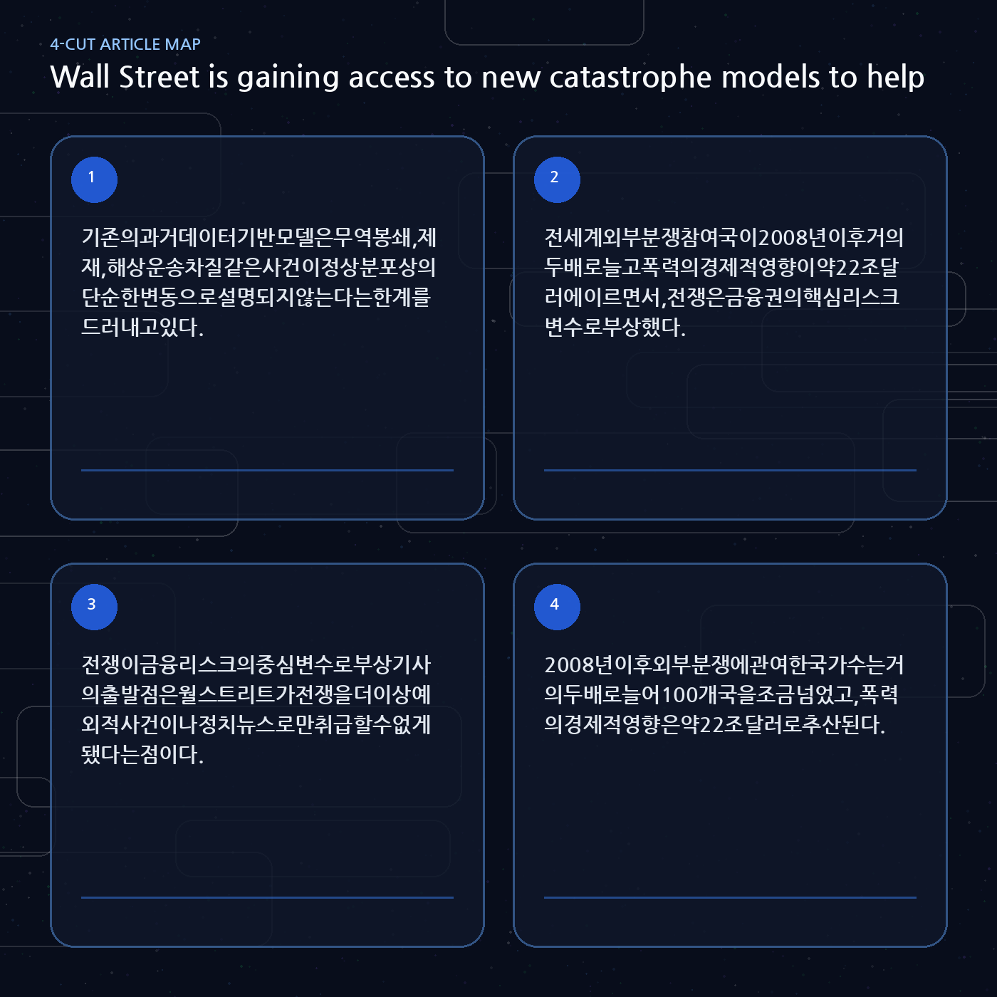 Wall Street is gaining access to new catastrophe models to help predict wars 내용을 설명하는 본문 이미지
