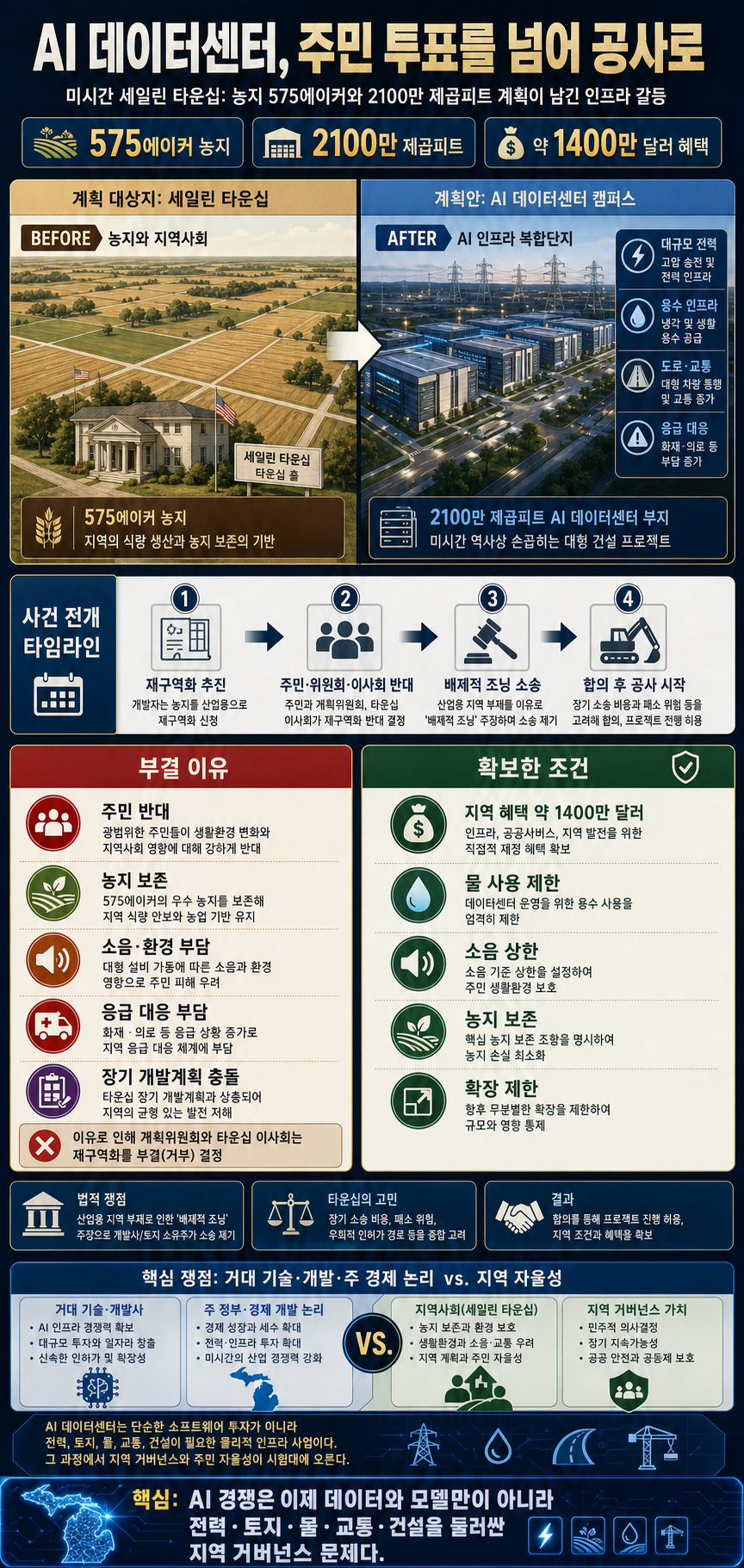 A Michigan farm town voted down plans for a giant OpenAI-Oracle data center. Weeks later, construction began 내용을 설명하는 본문 이미지