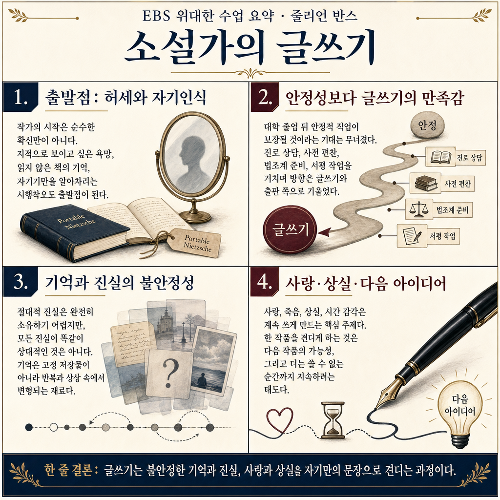 [100일/50일 챌린지][EBS 위대한 수업, 그레이트 마인즈] 줄리언 반스(Julian Barnes) - 소설가의 글쓰기 내용을 설명하는 본문 이미지