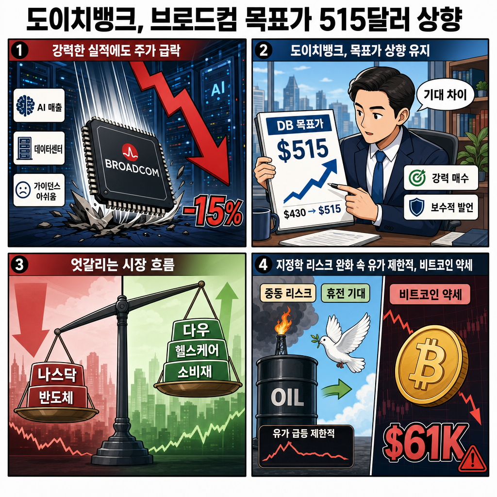도이치뱅크, 브로드컴 목표가 515달러로 상향ㅣ원·달러환율 야간거래 1540원 넘겨ㅣ비트코인 4개월만 최저치 6만1천불 터치ㅣ홍키자의 매일뉴욕 내용을 설명하는 본문 이미지