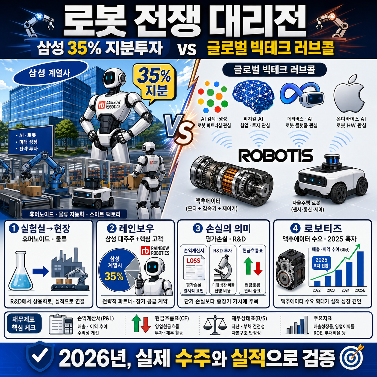 삼성의 35% 지분투자 vs 구글, 애플의 러브콜ㅣ레인보우로보틱스와 로보티즈의 재무제표로 본 로봇 전쟁 대리전ㅣ재보자 내용을 설명하는 본문 이미지
