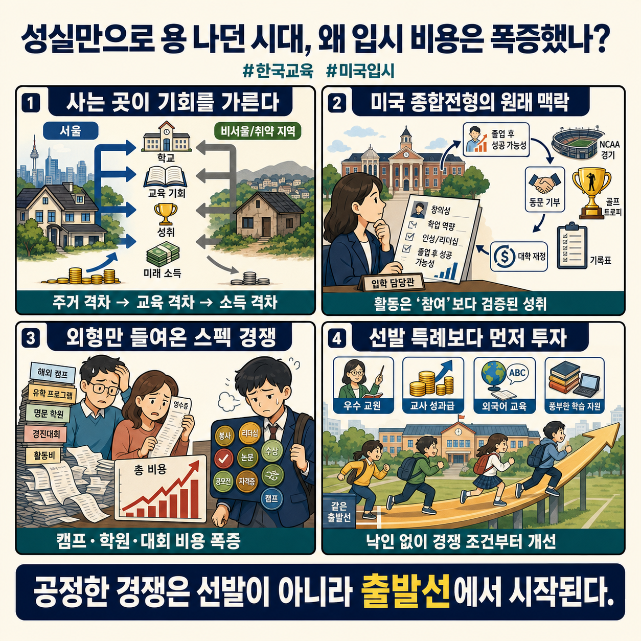 옛날엔 성실하면 개천에서 용 나왔죠" 어설픈 미국 제도 도입 후 입시 비용이 폭증한 이유 #박정호교수 #여의도멘션 #한국교육 #미국입시 내용을 설명하는 본문 이미지