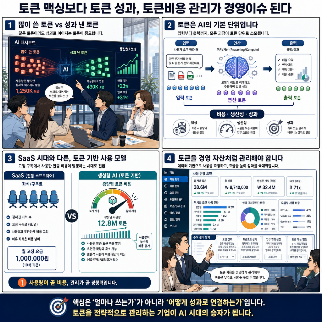 토큰 맥싱보다 토큰 성과, 토큰비용 관리가 경영이슈 된다 (김지현 SK 부사장) 내용을 설명하는 본문 이미지