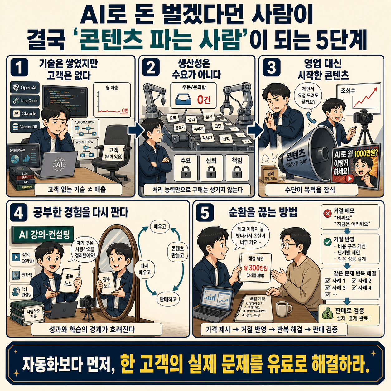 AI로 돈 벌겠다던 사람이 결국 ''콘텐츠 파는 사람''이 되는 5단계 내용을 설명하는 본문 이미지