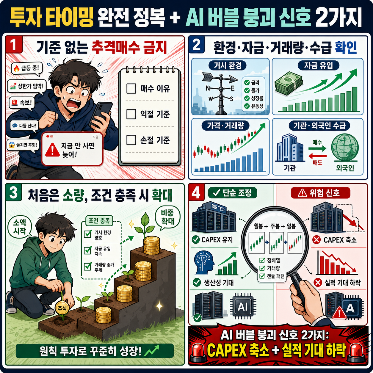 투자 타이밍 완전 정복 + AI 버블 붕괴 신호 "2가지 내용을 설명하는 본문 이미지