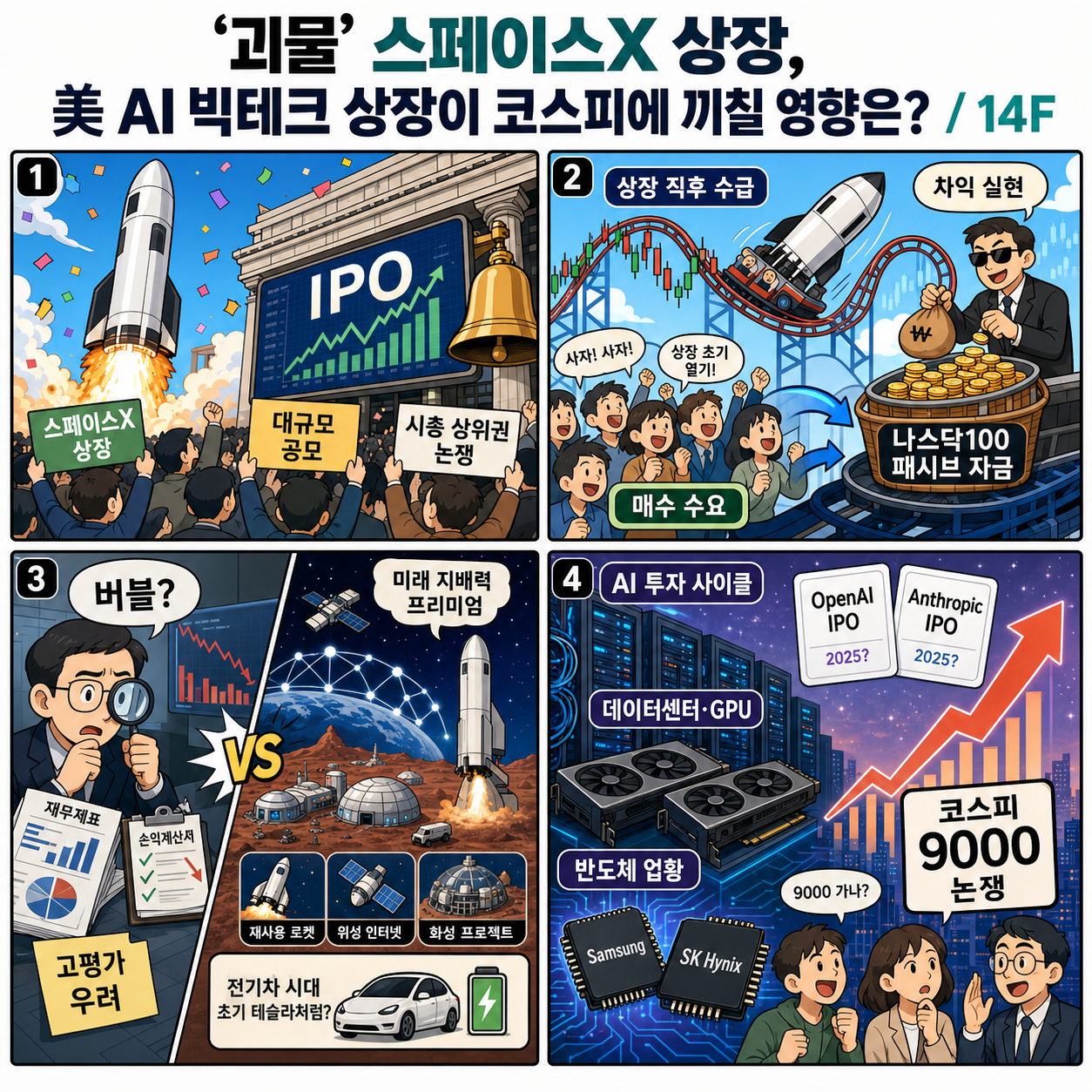 괴물'' 스페이스X 상장, 美 AI 빅테크 상장이 코스피에 끼칠 영향은? / 14F 내용을 설명하는 본문 이미지
