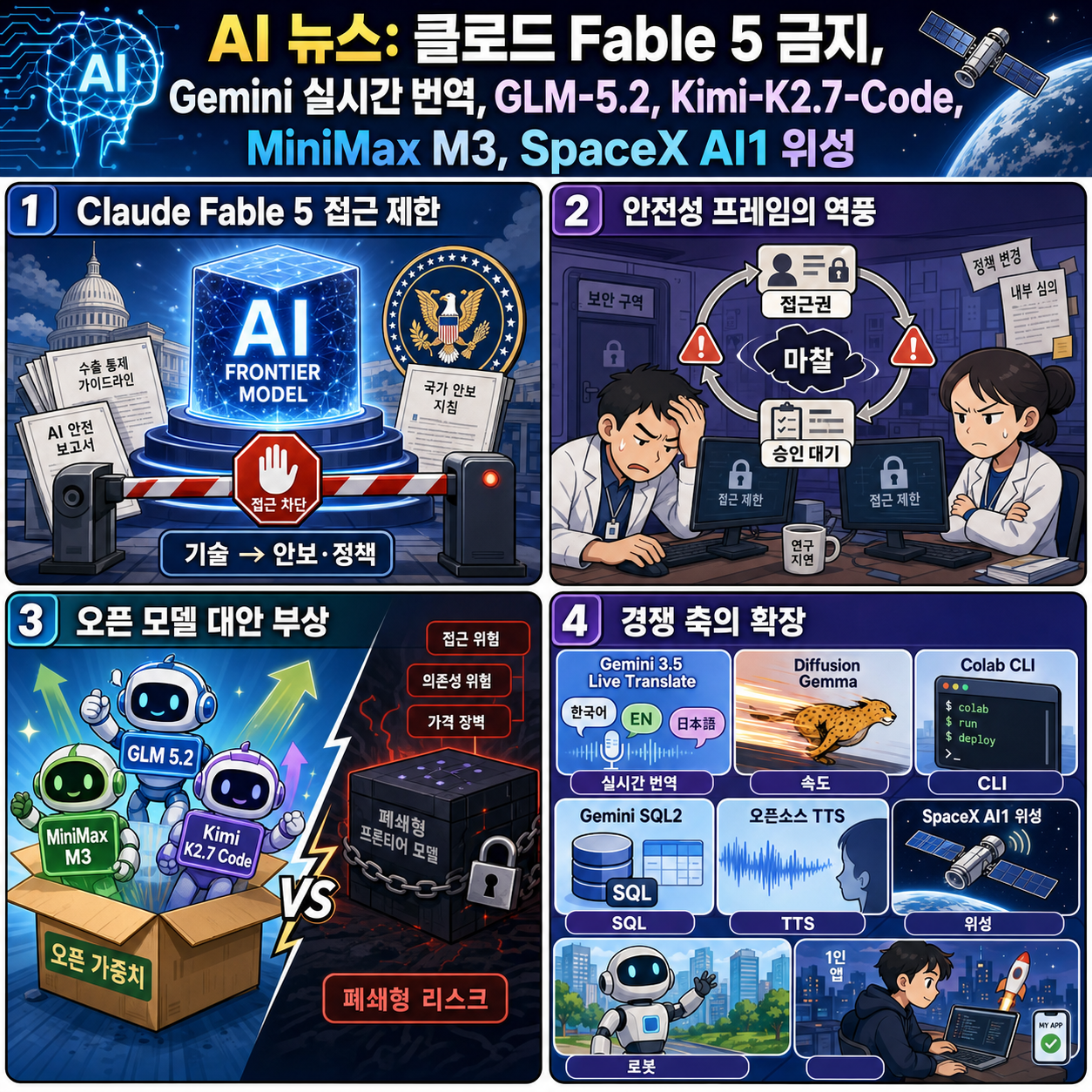 AI 뉴스 - 클로드 Fable 5 금지, Gemini 실시간 번역, GLM-5.2, Kimi-K2.7-Code, MiniMax M3, SpaceX AI1 위성 등 내용을 설명하는 본문 이미지