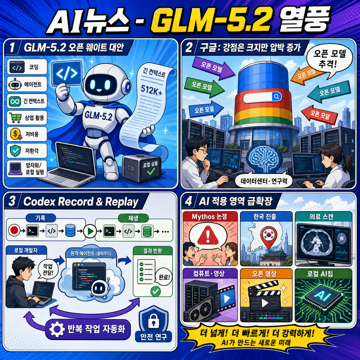 AI뉴스 - GLM-5.2 열풍, 구글 심각한 위기, GPT-5.6 소식, Codex Record & Replay, Mythos 논란, 미드저니 근황 등 내용을 설명하는 본문 이미지