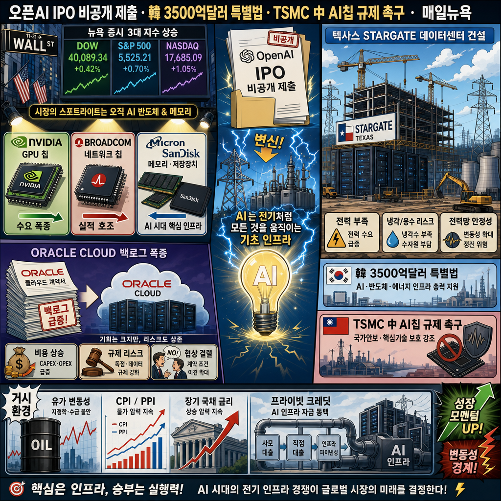 오픈AI, IPO 서류 비공개 제출ㅣ韓정부, 對美 3500억 달러 규모 특별법 시행령 승인ㅣ美상원, TSMC에 "中 해외자회사 AI칩 생산 규제" 촉구ㅣ홍키자의 매일뉴욕 내용을 설명하는 본문 이미지
