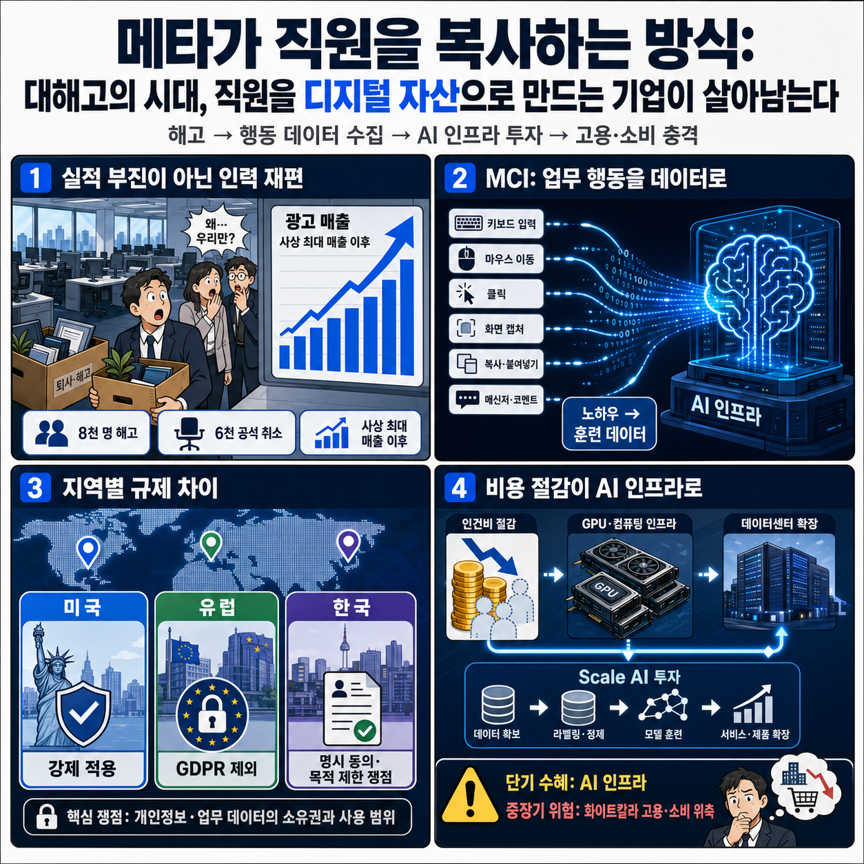 메타가 직원을 복사하는 방식, 대해고의 시대, 직원을 디지털 자산으로 만드는 기업이 살아남는다. 내용을 설명하는 본문 이미지