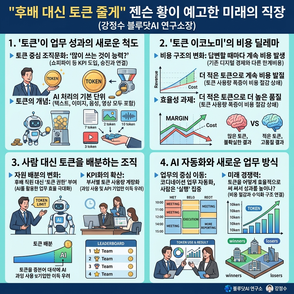 후배 대신 토큰 줄게" 젠슨 황이 예고한 미래의 직장 (강정수 블루닷AI 연구소장) 내용을 설명하는 본문 이미지