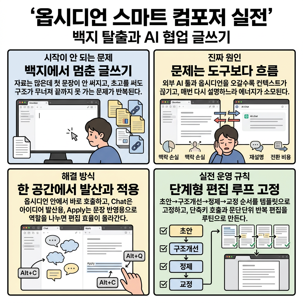 AI와 함께 쓰는 글쓰기 혁명! 옵시디언 플러그인 Smart Composer 완전 정복 내용을 설명하는 본문 이미지