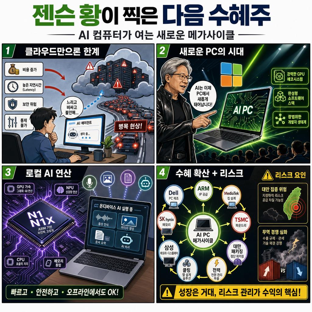 젠슨 황이 찍은 다음 수혜주" AI 컴퓨터가 여는 새로운 메가사이클 #nvda #msft 내용을 설명하는 본문 이미지