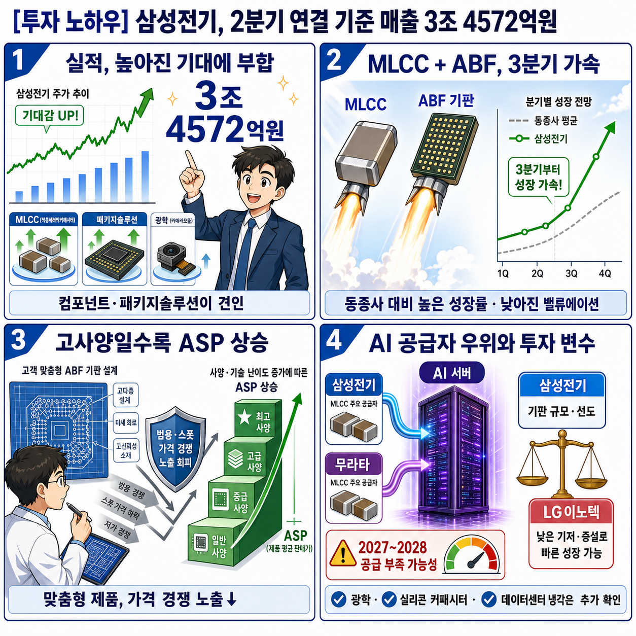 [투자 노하우] 삼성전기, 2분기 연결 기준 매출 3조 4572억원 내용을 설명하는 본문 이미지