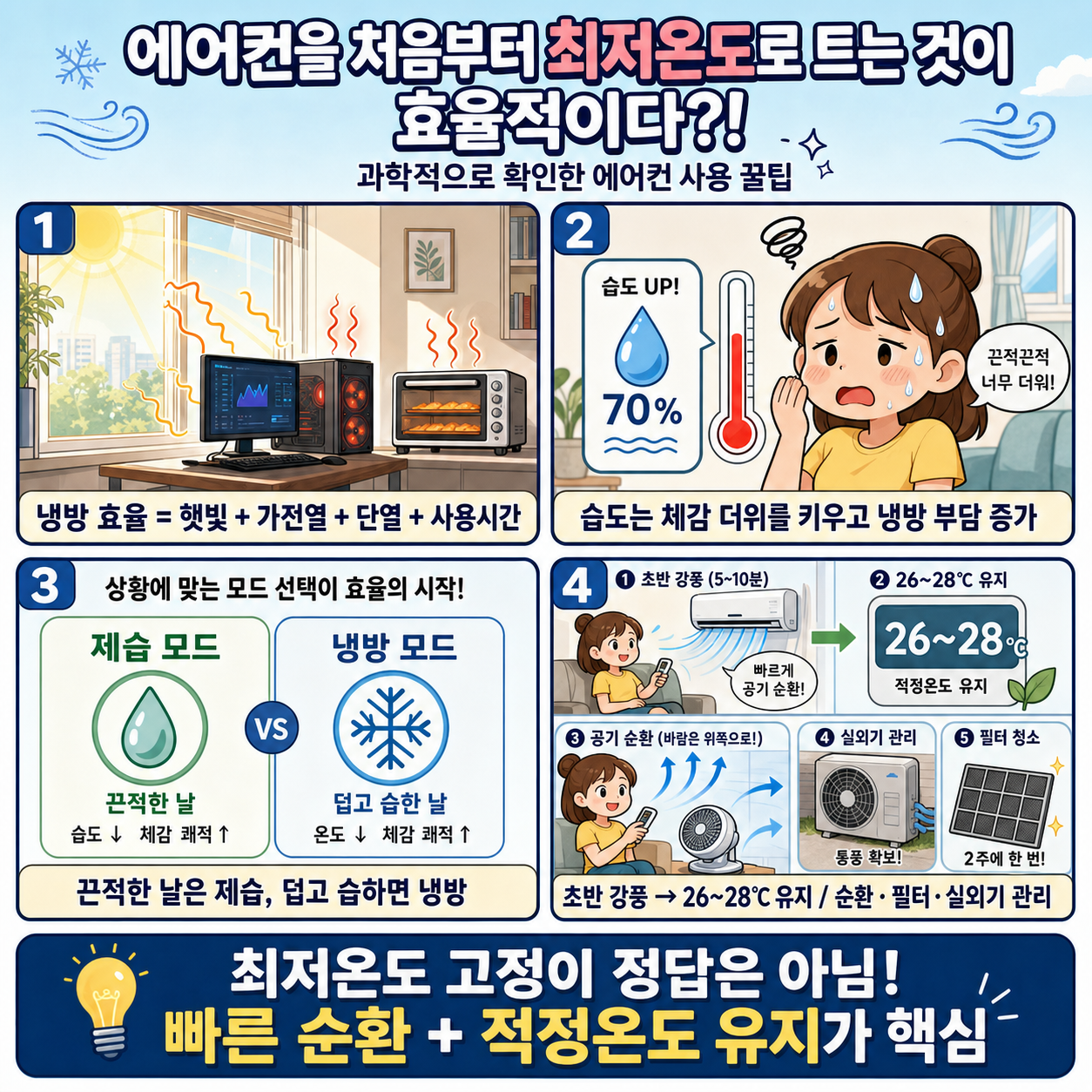 🎬 에어컨을 처음부터 최저온도로 트는 것이 효율적이다?! 과학적으로 확인해 본 에어컨 사용 꿀팁 대방출! 내용을 설명하는 본문 이미지
