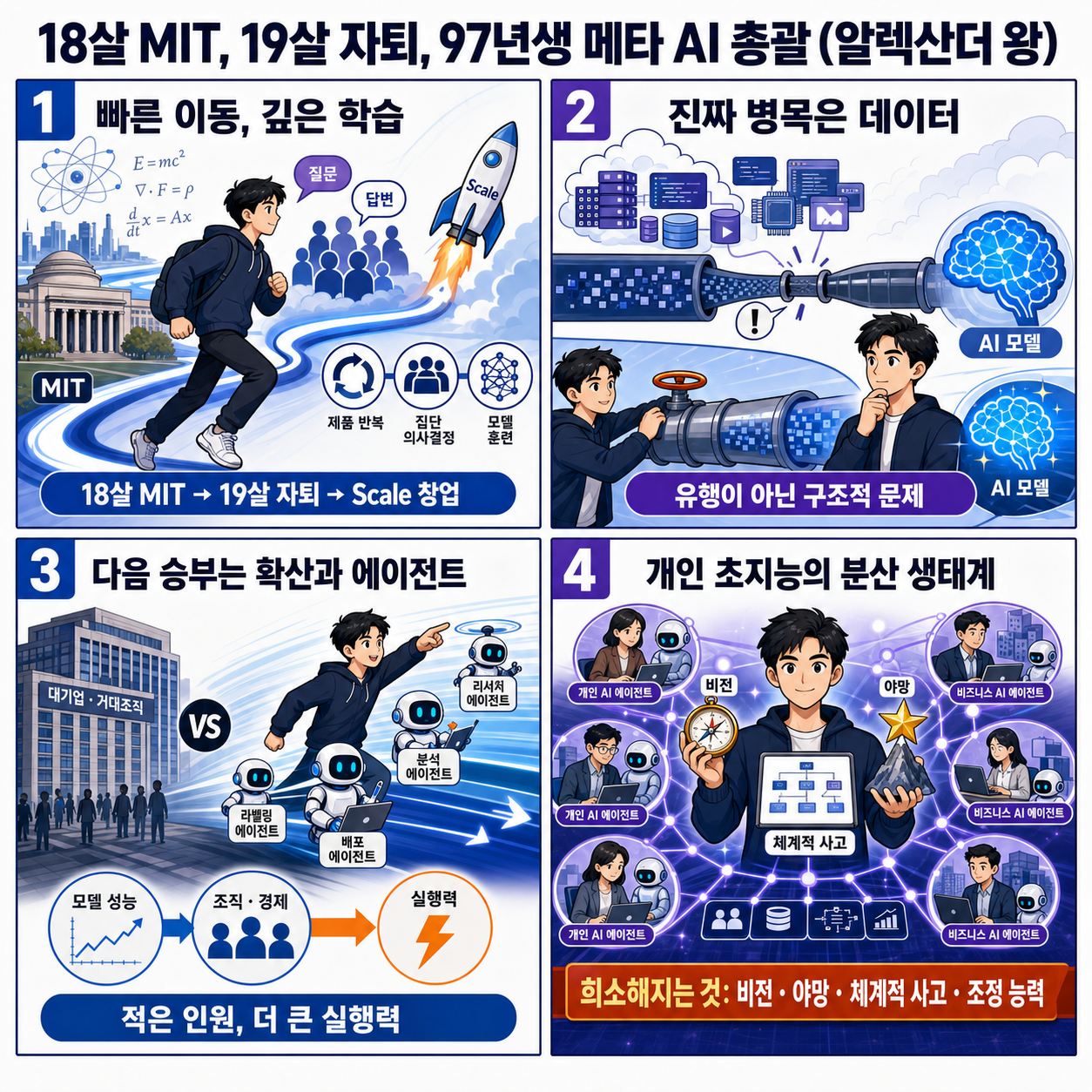 18살 MIT, 19살 자퇴, 97년생 메타 AI 총괄 (알렉산더 왕) 내용을 설명하는 본문 이미지