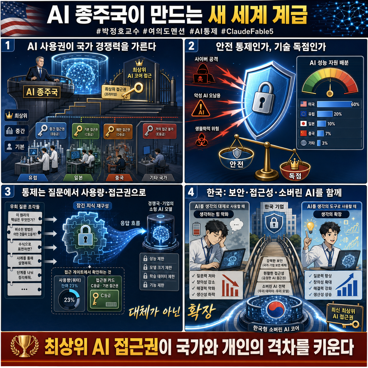 미국이 설계한 새로운 세계 계급 ''AI 종주국''의 #박정호교수 #여의도멘션 #AI통제 #ClaudeFable5 내용을 설명하는 본문 이미지
