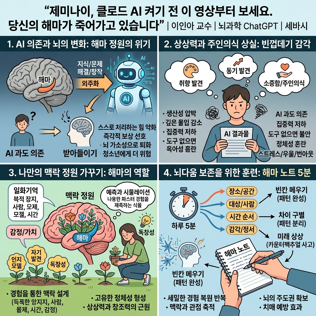제미나이, 클로드 AI 켜기 전 이 영상부터 보세요. 당신의 해마가 죽어가고 있습니다" 내용을 설명하는 본문 이미지