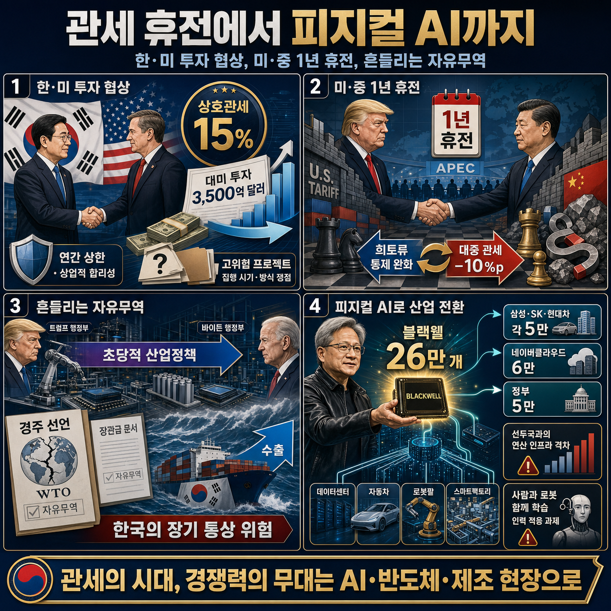 한국 기업에 손 내민 젠슨 황, 무궁화대훈장 건네받은 트럼프. 긴장과 반전이 교차한 외교 내용을 설명하는 본문 이미지