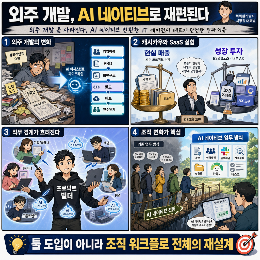 외주 개발 곧 사라진다, AI 네이티브 전환한 IT 에이전시 대표가 단언한 진짜 이유 (똑똑한개발자 서장원 대표님) 내용을 설명하는 본문 이미지