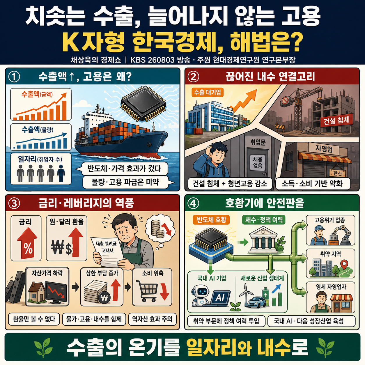 치솟는 수출'', ''늘어나지 않는 고용''... K자형 한국경제, 해법은? with. 주원 현대경제연구원 연구본부장｜채상욱의 경제쇼｜KBS 260803 방송 내용을 설명하는 본문 이미지