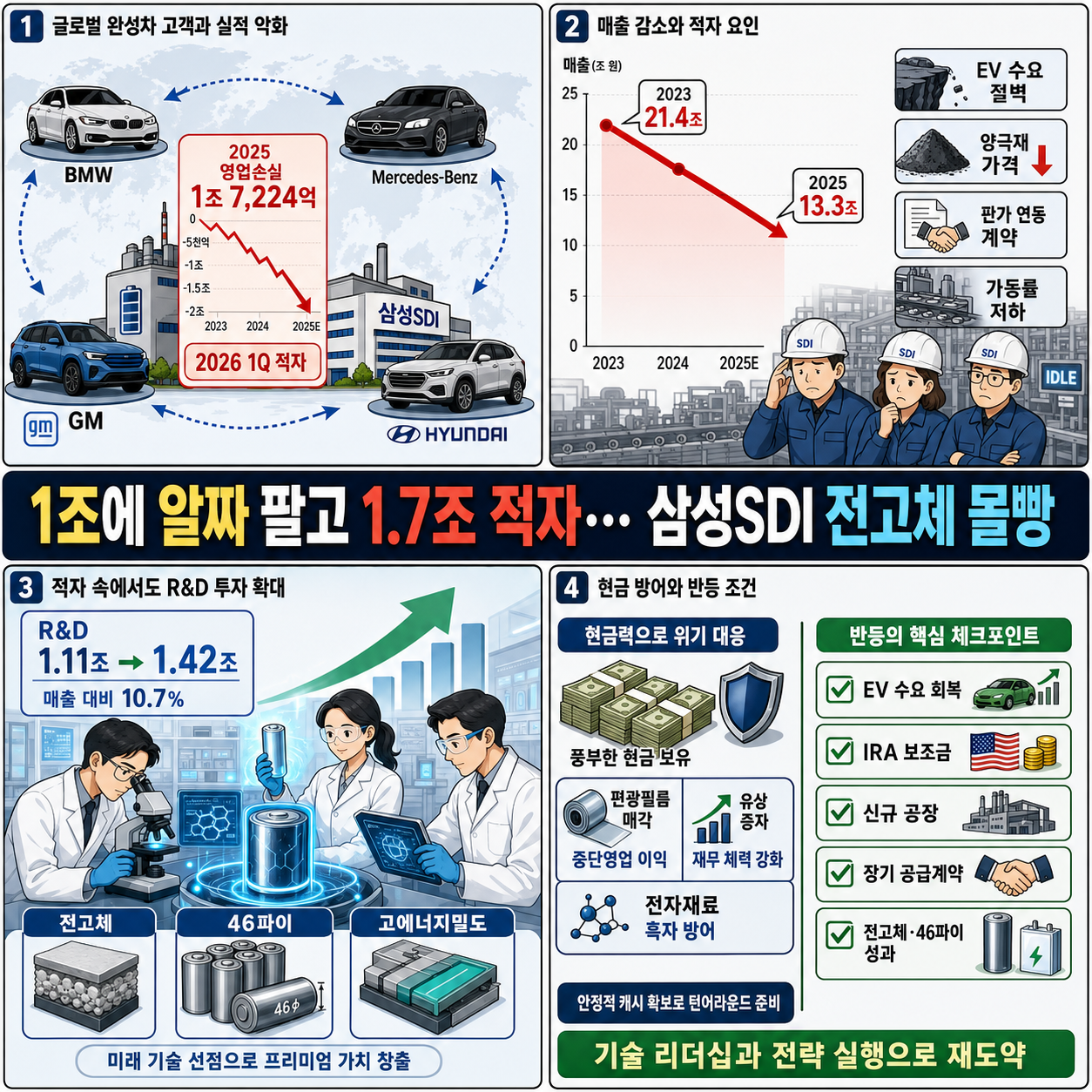 1조에 알짜 팔아 1.7조 태웠다…삼성SDI ''전고체 몰빵''의 재무적 결말ㅣ사상 최악 적자인데 현금은 안 마르는 삼성SDI 수익 구조의 민낯ㅣ재보자 내용을 설명하는 본문 이미지
