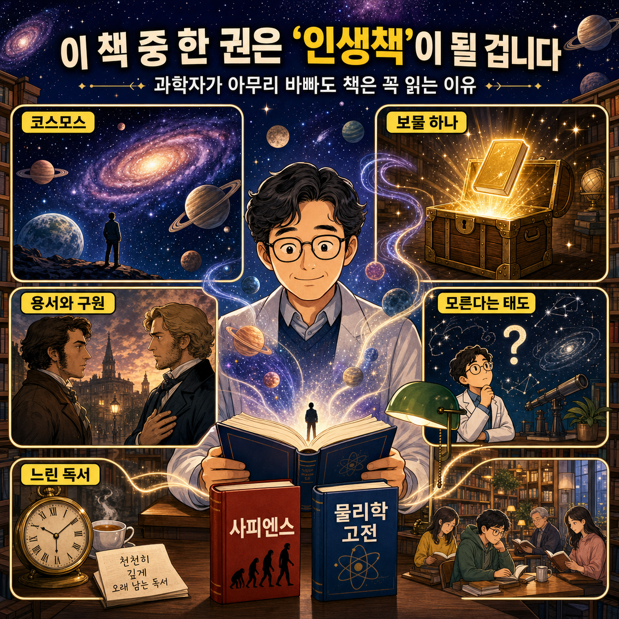 이 책 중 한 권은 ''인생책''이 될 겁니다" 과학자가 아무리 바빠도 책은 꼭 읽는 이유 ㅣ (김범준 교수님 통합본) 내용을 설명하는 본문 이미지